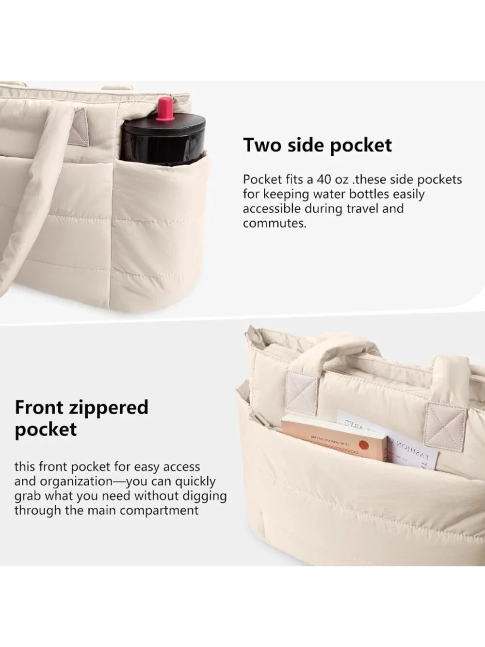 👜Women's Camel Quilted Puffer Tote Bag Lightweight Work For Travel Handbags